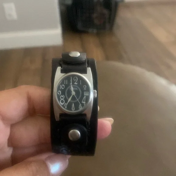 Fossil Silver and Black Leather CUFF WATCH Timex-leather Watch-rugged Watch-fossil-leather Cuff-big  main image 4